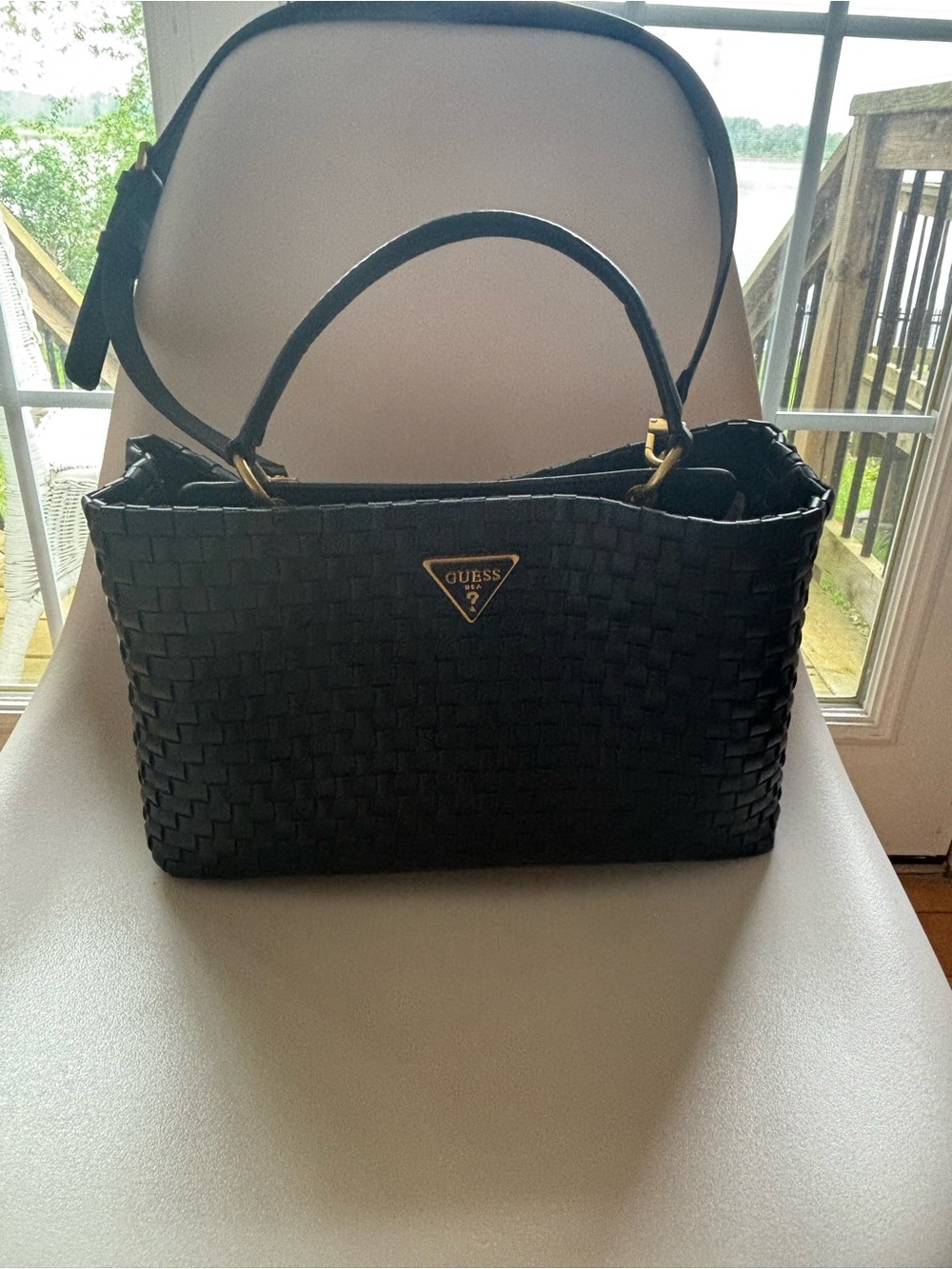 GUESS Black Woven Shoulder Tote with Gold Logo